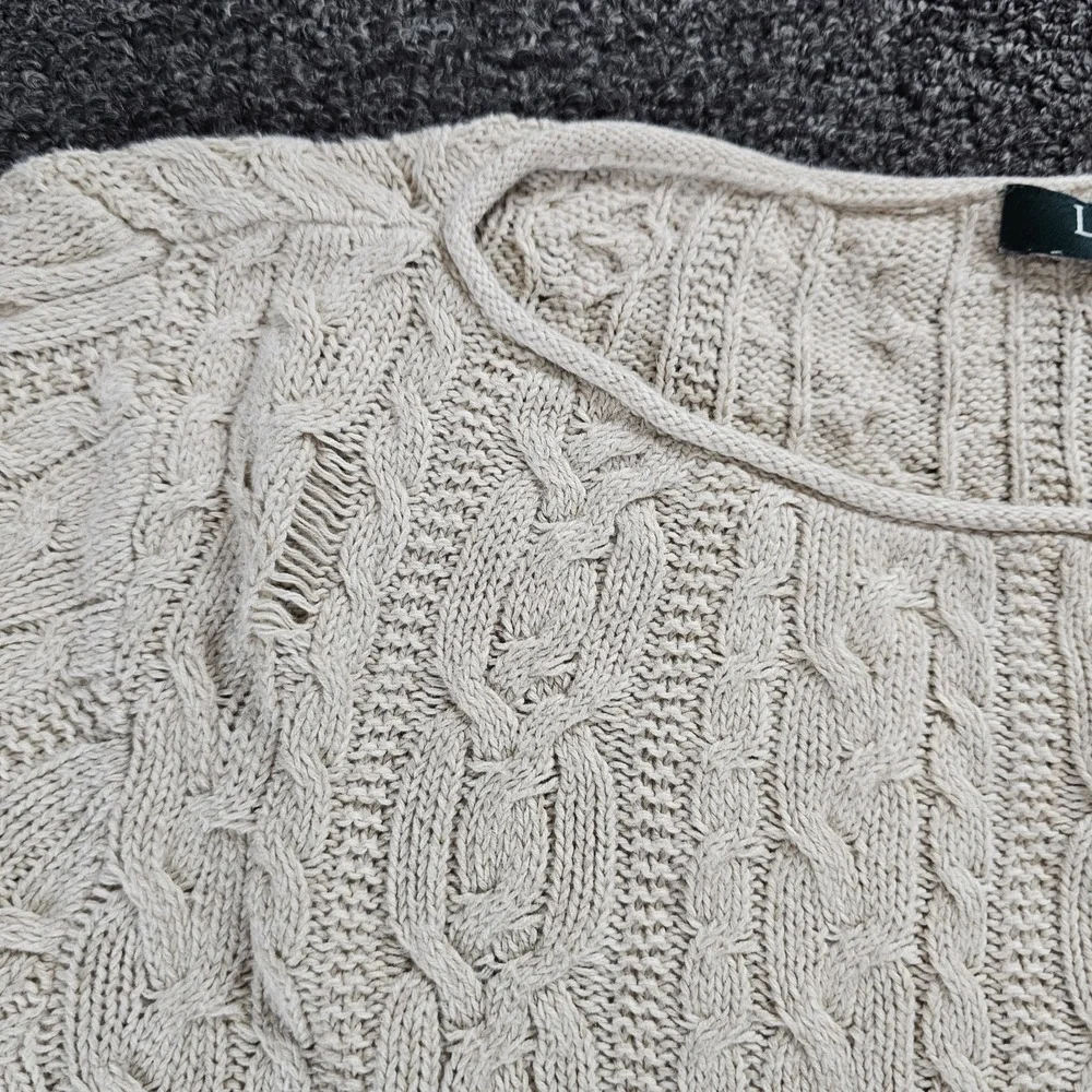 Ralph Lauren Cable Knit Sweater Womens Medium Oatmeal Scoop Neck Preppy Party‎